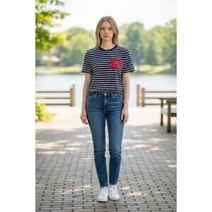 Boden Womens Striped Embroidered Heart Short Sleeve Top Size Large Blue White